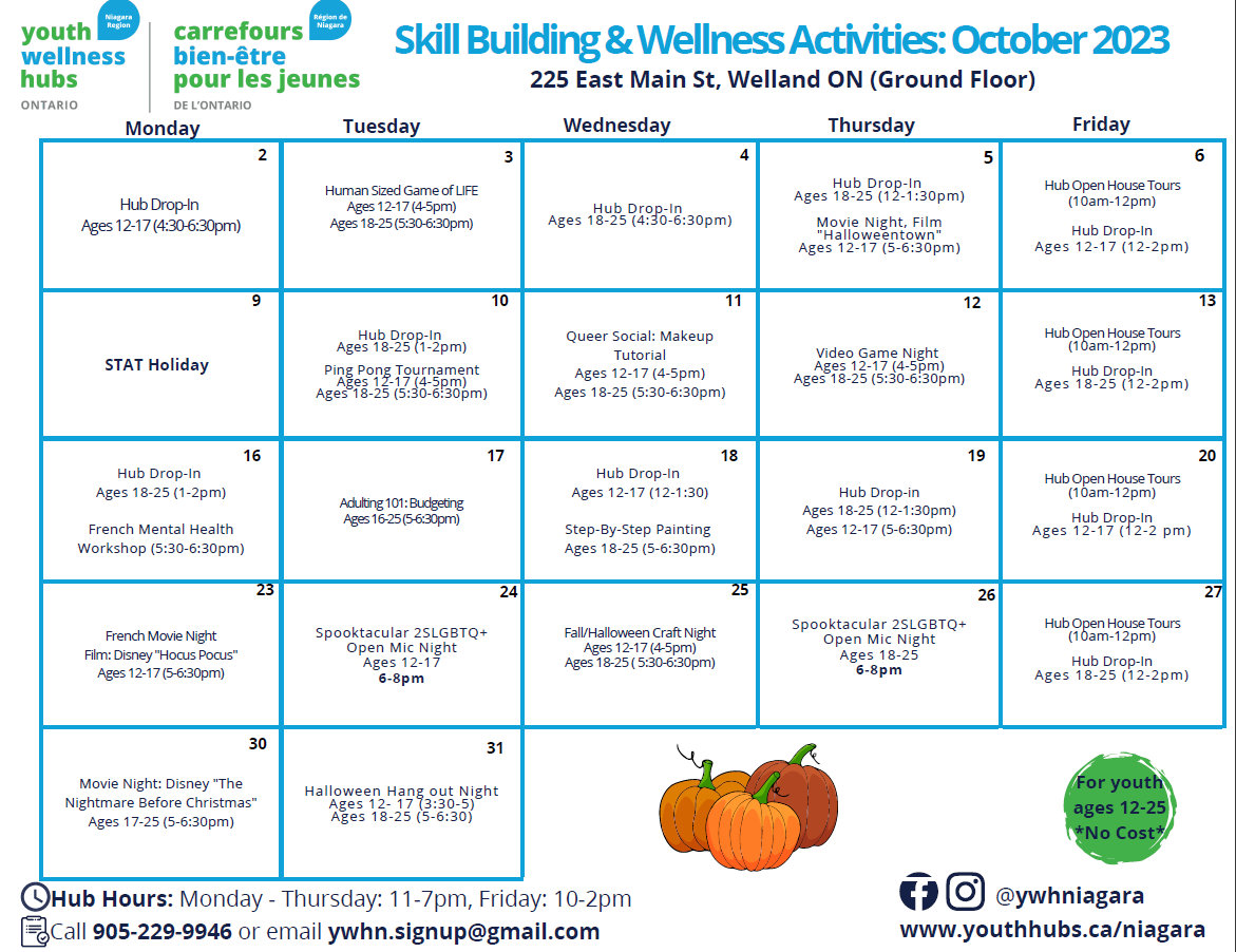 Youth Wellness Hub October 2023 Calendar